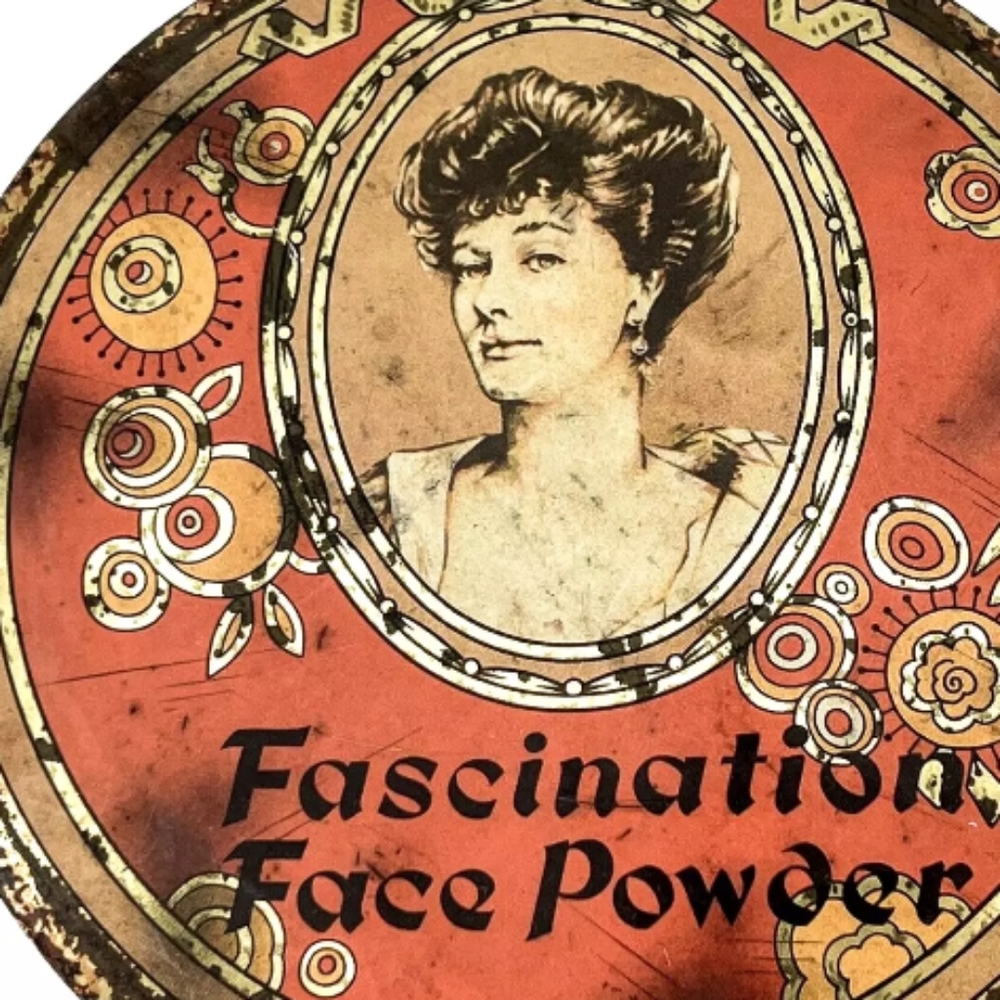 Vtg Collectible ART DECO Face Powder TIN LITHO Advertising Patina Fascination